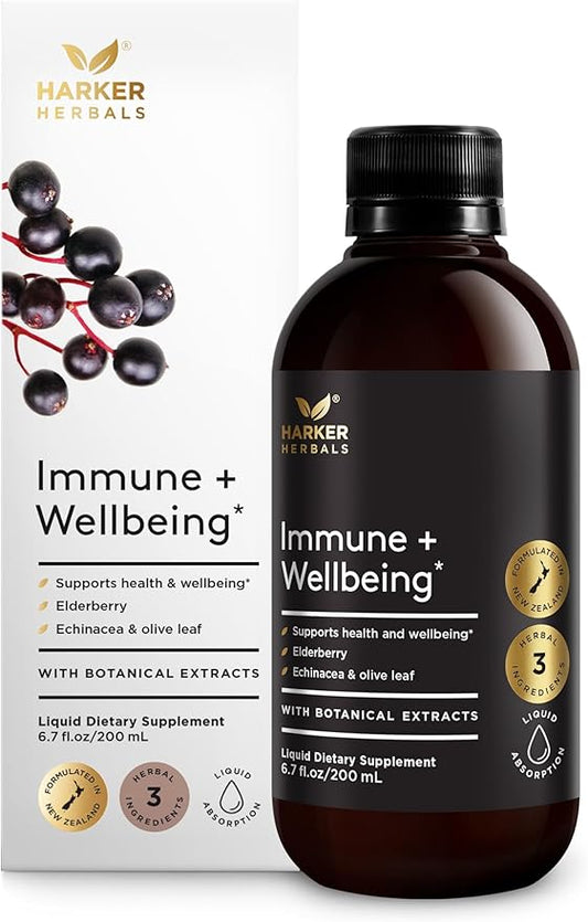Immune + Wellbeing, Herbal Immune Support Syrup, with Elderberry, Echinacea & Olive Leaf, Liquid Absorption, Great Tasting Wild Berry Flavor, Alcohol-Free, Plant-Based, 6.7 fl oz