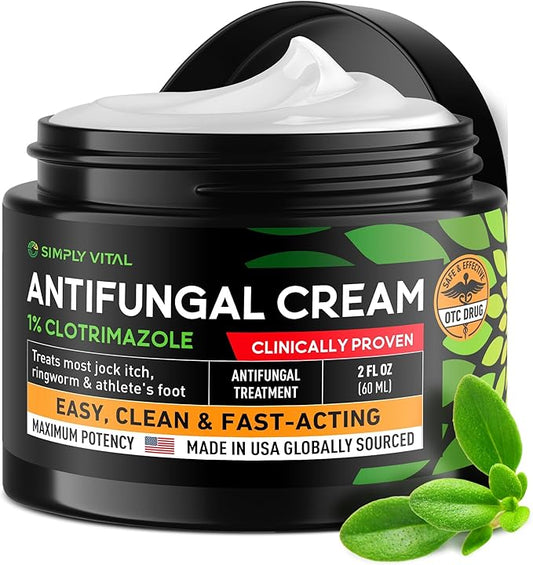 SimplyVital Antifungal Cream with Clotrimazole 1% - Foot Skin Fungus Treatment Extra Strength for Humans - Anti fungal Treatment for Ringworm, Jock Itch & Athlete’s Foot – Made in USA – 2 oz
