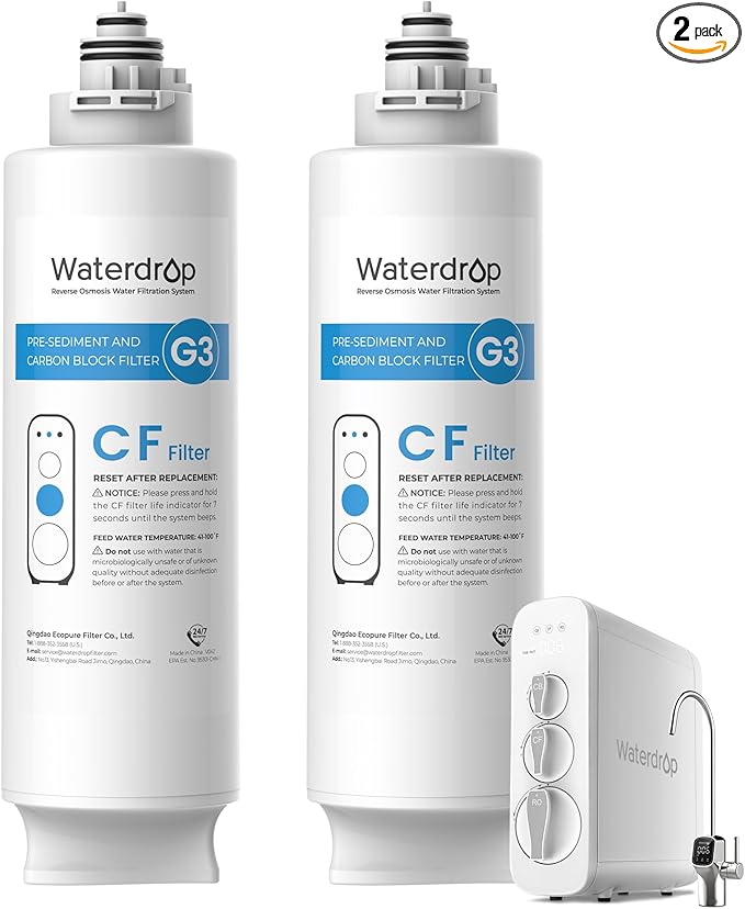 Waterdrop WD-G3-CF Filter, Replacement for WD-G3-W, WD-G3P600 and WD-G3P800-W Reverse Osmosis System, 6-month Lifetime, 2-Pack