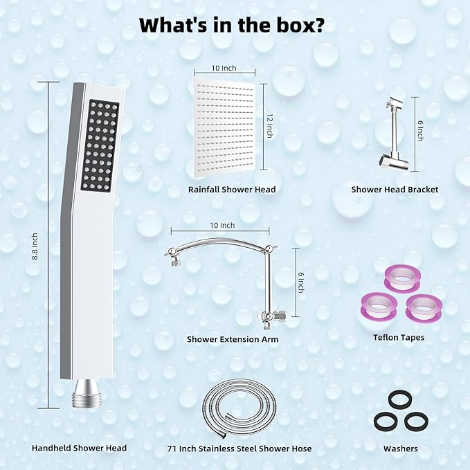 Hibbent All Metal 12'' Rainfall Shower Head, Dual Shower Head Combo, High Pressure Handheld Shower Wand, 16'' Adjustable Arc-shaped Shower Extension Arm, 71'' Hose, Showerhead Holder, Chrome
