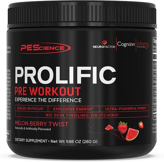 PEScience Prolific Pre Workout Powder for Men & Women with L-Citrulline, Nitric Oxide Booster, Energy Powder & Nootropic for Focus – Preworkout Without Beta Alanine – 40 Scoops, Melon Berry Twist