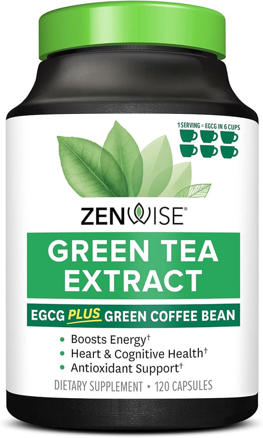 Zenwise Health Green Tea Extract Capsules for Men & Women - EGCG Supplement with Green Coffee Bean Extract Boosts Energy & Memory - Immune Support for Skin, Brain & Hearth Health - Vegan - 120 Count