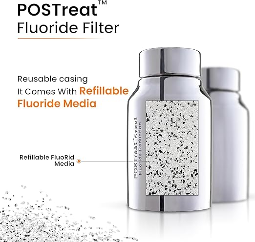 1.5 Gallons NSF Certified AISI 304 Stainless Steel Water Filter with 2 Smart Carbon (Black) Filters, 2 POSTreat Steel Fluoride Removal Elements, Free Steel Stand & Water Spigot