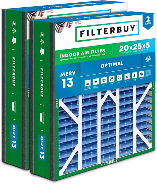 Filterbuy 20x25x5 Air Filter MERV 13 (MPR 1900) Health Defense (2-Pack), Pleated HVAC AC Furnace Filters for Trion Air Bear, Generalaire, Skuttle, and More (Actual Size: 19.63 x 24.13 x 4.88)