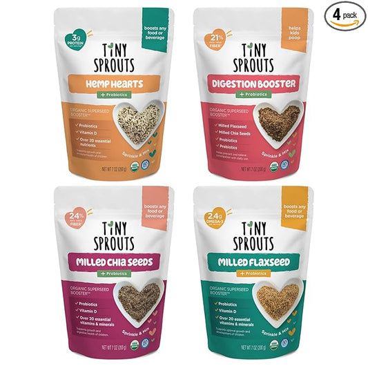 Superseed Variety Pack with Vitamin D + PROBIOTICS, Omega-3s Prebiotic Fiber Protein, Seeds for 6M+ Babies Toddlers & Kids for Immune & Digestive Support (7oz x 4 Pack - Flax, Chia, Hemp, Blend)
