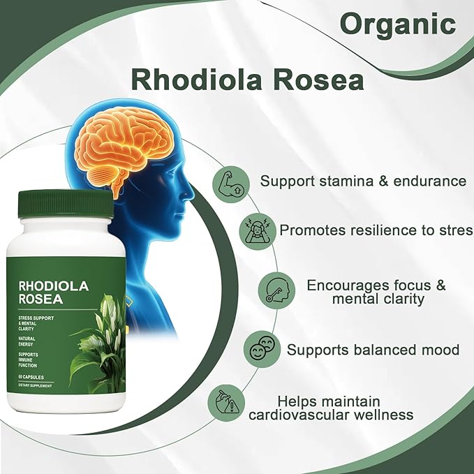 Rhodiola Rosea Organic Capsules, Rhodiola Rosea Supplement, Adaptogenic Herb for Daily Stress Support & Energy Balance – 500mg per Serving – 60 Vegan Capsules (1)