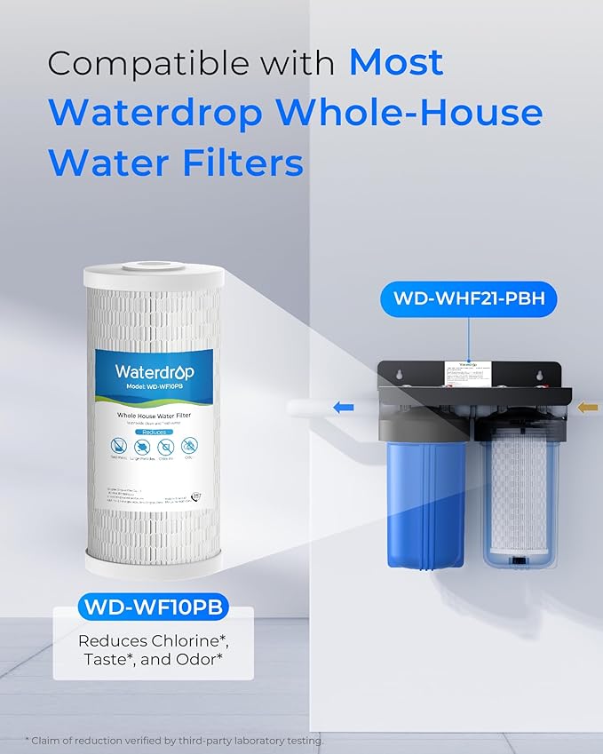 Waterdrop Whole House Water Filter, Sediment Filter, Reduce Chlorine Filter Cartridge, Replacement for GE® FXHTC, GXWH40L, iSpring, Culligan® RFC-BBSA, Whirlpool®, Any 10" x 4.5" System, 5 Micron