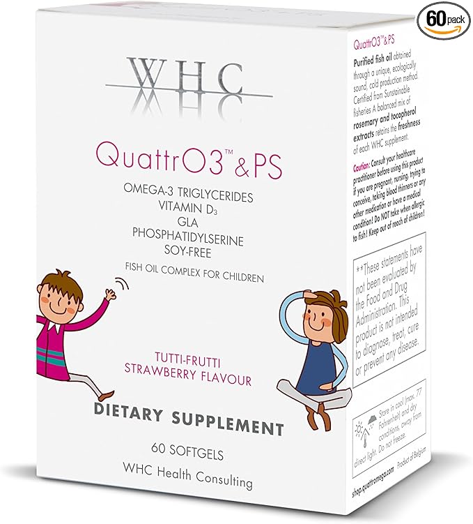 WHC, QuattrO3 & PS, Fish Oil Complex for Children, Omega-3 Triglycerides, Vitamin D3, GLA, Phosphatidylserine, Soy Free, Tutti-Frutti Strawberry Flavor, 60 Softgels