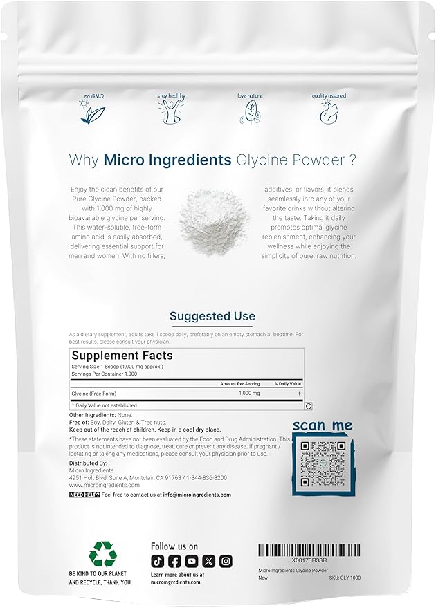 Micro Ingredients Glycine Powder, 1KG (2.2 Pounds), Glycine 1000mg Per Serving, Supports Restful Sleep and Neurotransmitter, Water Soluble and Products of USA