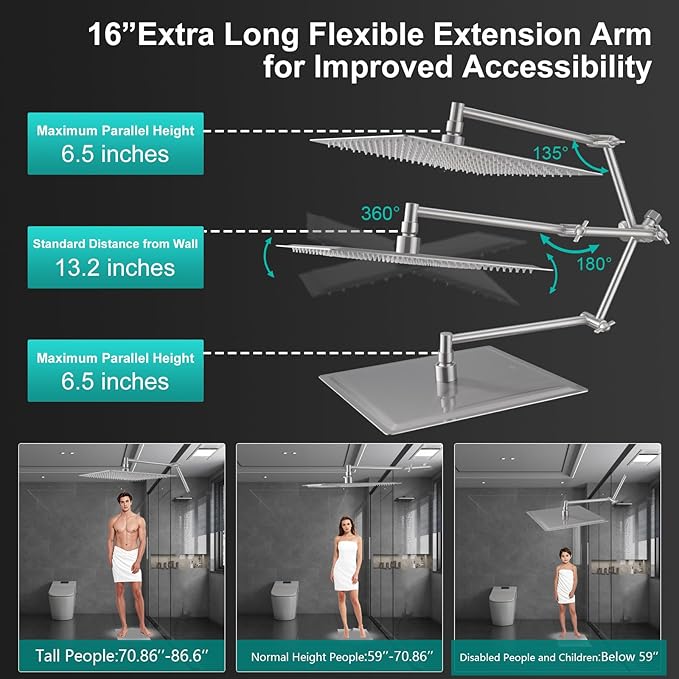 All Metal 10 Inch Rain Shower Head with Handheld Spray Combo, High Pressure Waterfall Rainfall Square Shower Heads with 16" Adjustable Extension Arm, Dual Showerhead with 3-Way Diverter,Brushed Nickel