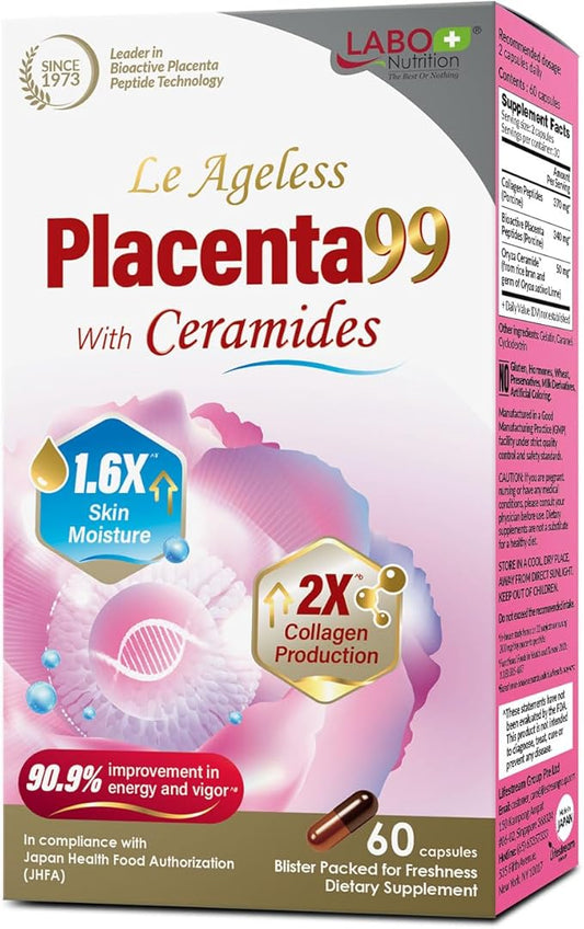 LABO Nutrition Le Ageless Placenta 99 with Ceramides -Placenta Supplement with Collagen Peptides, Oryza Ceramides -Skin Regeneration, Hydration, Anti-Aging Wrinkle Support, Immune Health, 60 Capsules