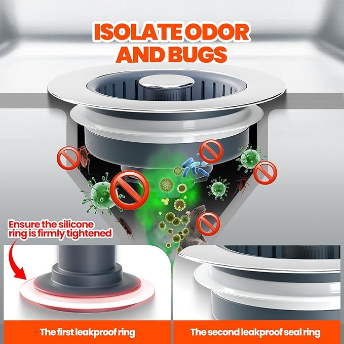 2 Pack 3 in 1 Kitchen Sink Drain Strainer & Sink Stopper, Upgraded Stainless Steel Drain Plug Combo with Anti-Clog Basket, Pop Up Drain Cover for Standard 3-1/2'',Garbage Disposal Parts