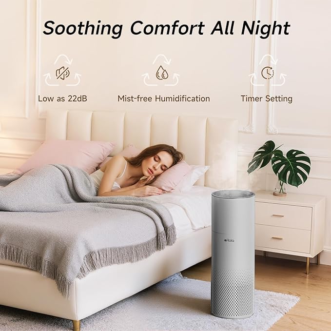 Afloia Humidifier and Air Purifier in One, Air Purifier and Evaporative Humidifier Combo for Home, 24dB Quiet Air Cleaner Remove Pets Dust Dander Hair Allergy Pollen Smoke Smell for Room, Grey