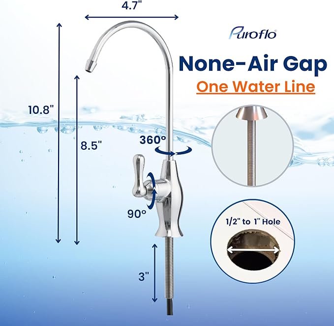 Chrome Reverse Osmosis Faucet, NSF Certified, Non‑Air Gap for Under Sink Water Filtration System, RO System Drinking Water Faucet, FLR-575CP