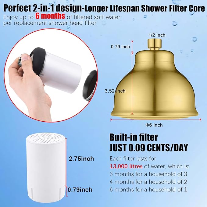 SonTiy Filtered Shower Head, All Metal Shower Filter Head For Hard Water Removes Chlorine, Improve Hair,Nails & Skin, Adjustable High Pressure Water Softener Showerhead, 6 Inch, Gold