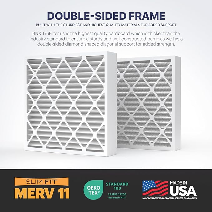 BNX TruFilter 20x20x4 (19.5’’ x 19.5’’ x 3.63‘’ Slim Fit) MERV 11 Air Filter 2-Pack - MADE IN USA - Air Conditioner Furnace Filters HVAC AC Furnace Filters for Dust, Pet, Mold, Pollen MPR 1200 FPR 7