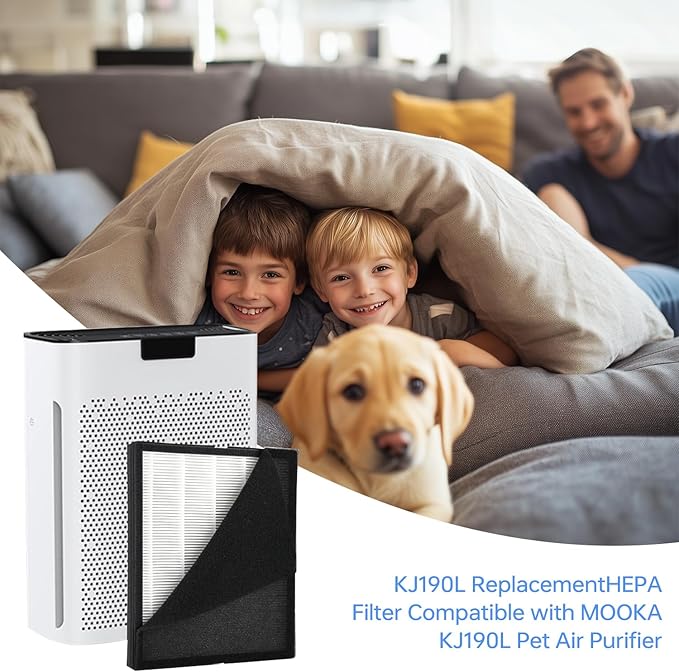 2 Pack KJ190L Replacement Filter,Compatible with MOOKA KJ190L Pet Air Purifier,Suitable for Large Room with 2000 Ft², 2 Replacement Filter & 4 Washable Pre-Filters for Pet-raising family