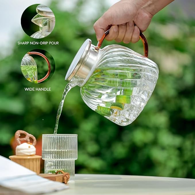 Glass Pitcher with Lid,47 oz/1400 ml, Hand Blown Glass Water Pitcher for Drinks,Iced Tea, Juice, Coffee, Milk, Hot Water and Tea, Heat Resistant