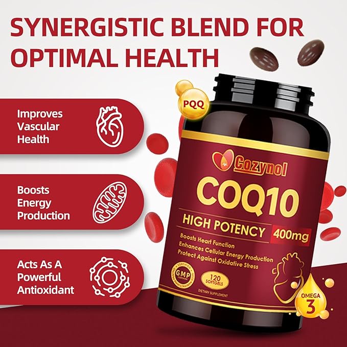 CoQ10-400mg-Softgels with PQQ & Omega 3, Maximum Absorption Coenzyme Q10, Powerful Antioxidant for Heart Health & Energy Production, 120 Count, Non-GMO