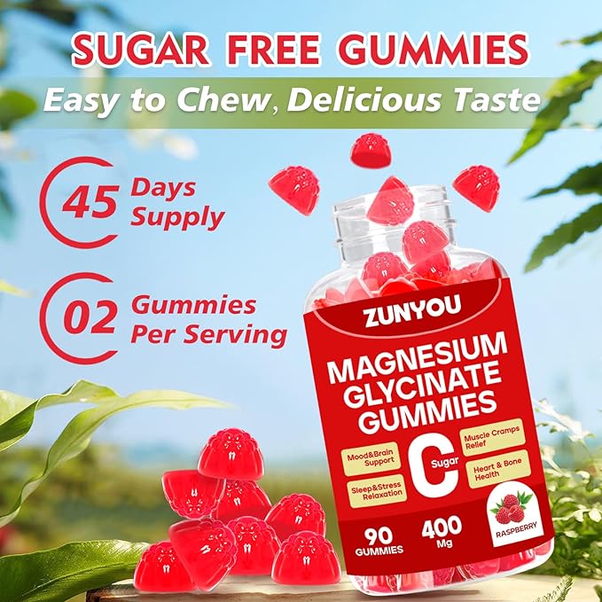 Magnesium Glycinate Gummies 400mg, Sugar Free Calm Magnesium Gummies for Women with Calcium, Vitamin D, B6, Zinc for Sleep, Mood and Muscle Support, 90 Count