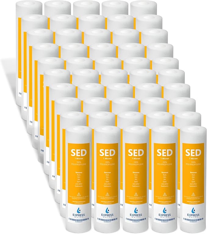 Express Water – 50 Pack Sediment Water Filter Replacement – 1 Micron, High Capacity – 10 inch – Under Sink and Reverse Osmosis System Filters (Model: FLTSED0150)
