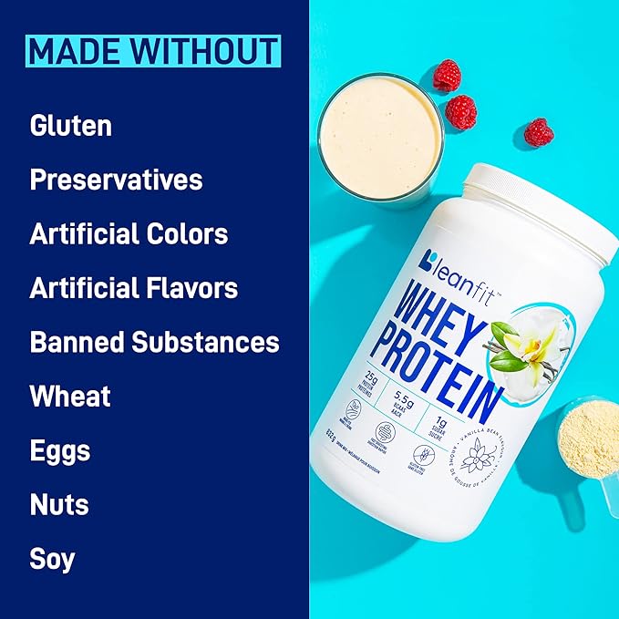 LeanFit WHEY Protein Natural Vanilla – 100% Whey Protein Powder, 24g Protein Per Serving – Grass-Fed, Gluten-Free, Low Carb, BCAAs, Amino Acid – 23 Servings, 1.83 Pound Tub