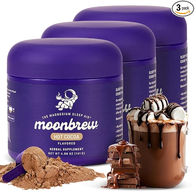 MoonBrew Nighttime Magnesium Hot Cocoa, Natural Sleep Aid Drink Mix for Adults, 3-Pack - Calming Melatonin-Free Sleep Support - Sleepy Hot Chocolate Powder with L-Theanine, Chamomile & Zinc Glycinate