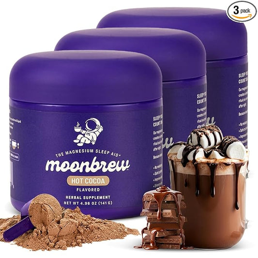 MoonBrew Nighttime Magnesium Hot Cocoa, Natural Sleep Aid Drink Mix for Adults, 3-Pack - Calming Melatonin-Free Sleep Support - Sleepy Hot Chocolate Powder with L-Theanine, Chamomile & Zinc Glycinate