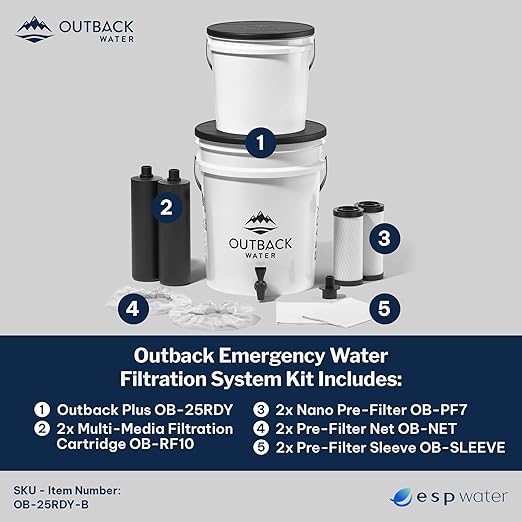 Outback Water Emergency Drinking Water Filter System with Extra Filter Replacement Kit - Gravity Fed Bucket Water Filtration for Survival, Off-Grid, Disaster Preparedness, Travel, Camping, Bug Out Kit