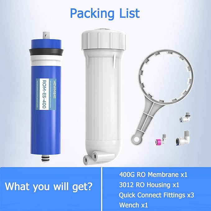 400 GPD RO Membrane Filter with Housing, Replacement Reverse Osmosis Membrane Fit Home Under Sink RO Drinking Water Filter Purifier Filtration System with Wrench, 1/4" Fitting, Check Valve