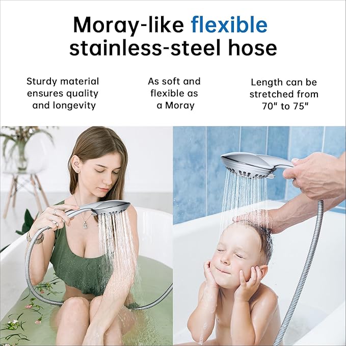 G-Promise High Pressure Shower Head 6 Spray Setting with Adjustable Solid Brass Shower Arm Mount and Extra Long Flexible Stainless Steel Hose (Chrome)