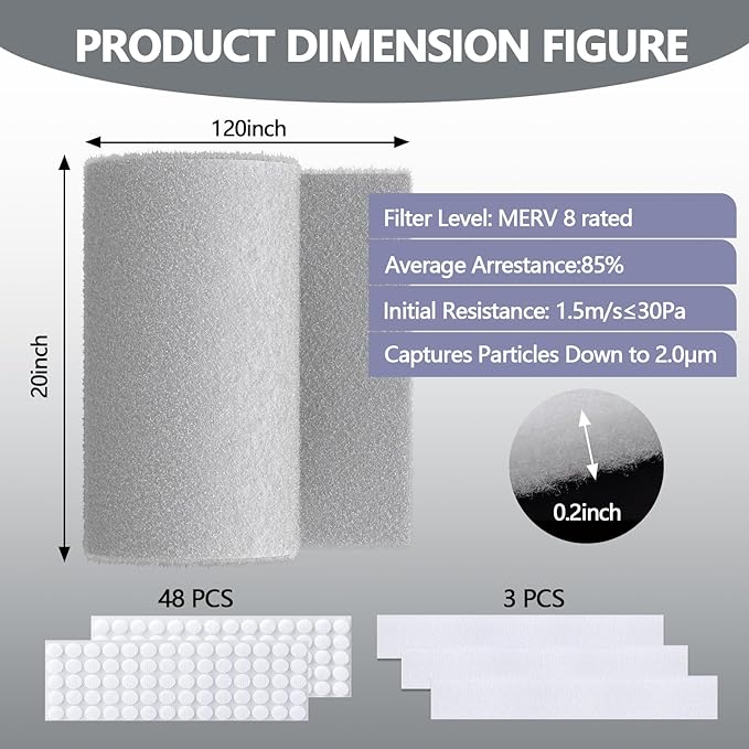 20" x 120" Air Vent Filters, with 48Pcs Adhesive Hook Tape, Cut to Size Air Filter Material HVAC Furnace Filters Kit MERV 8 Triple Vent Filter for Home Floor Register, Ceiling, Grilles
