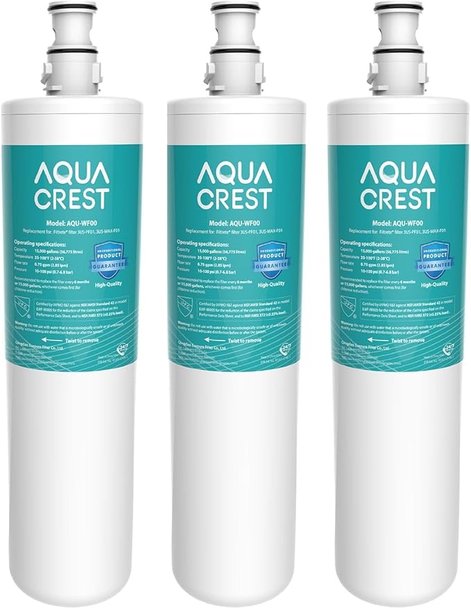 AQUA CREST 3US-PF01 Replacement Filter, NSF/ANSI 42 Certified Replacement for Advanced Filtrete® 3US-PF01, 3US-MAX-F01 Water Filter, Delta RP78702, Manitowoc K-00337, K-00338, HF20 HF25 HF27, 3 Pack