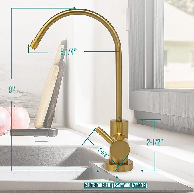 Non-airgap RO Faucet Reverse Osmosis Drinking Water Filtration System Water Dispenser Spout (Brushed Gold). Euro Style with Faucet Wrench. NSF Certified.