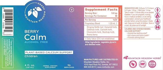 Mountain Meadow Herbs Berry Calm for Kids – Herbal Calcium Supplement for Strong Bones, Teeth, Focus & Relaxation, Great Tasting Liquid Formula, 4 oz