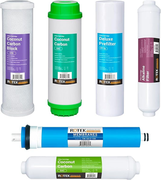 Reverse Osmosis Alkaline pH+ Water Filter Set | 6 Replacement Water Filters with 100 GDP Membrane | 6 Month Supply | Under Sink RO Water Filter | PP, GAC, CTO, ROM, PC, ALK | Universal 10 Inch Size