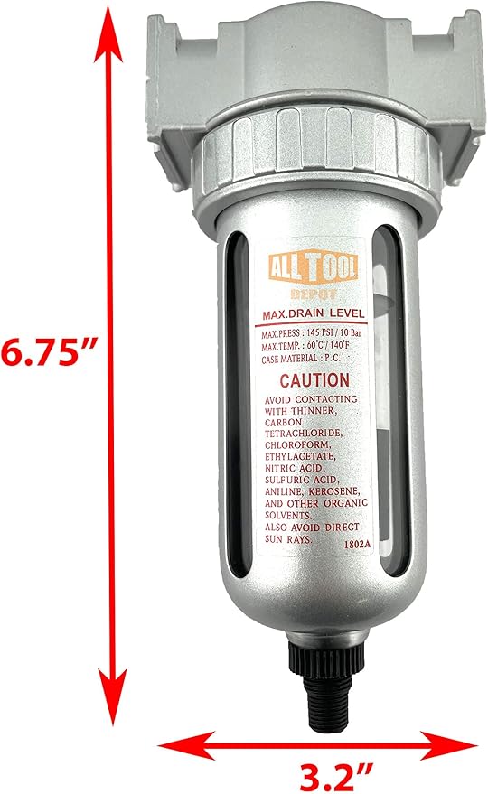 1/4" NPT MID FLOW Particulate Filter/Water Trap For Air Compressor Compressed Air Lines, 5u With Poly Bowl And Metal Bowl Guard (AUTO DRAIN)