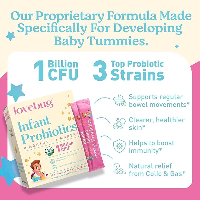 LOVEBUG Infant Probiotics 0-6 Months - USDA Organic Probiotics for Babies, Supports Baby Gas, Colic, Reflux, Diarrhea and Newborn Constipation Relief, Allergen & Sugar Free, Tasteless Powder, 30 Pack