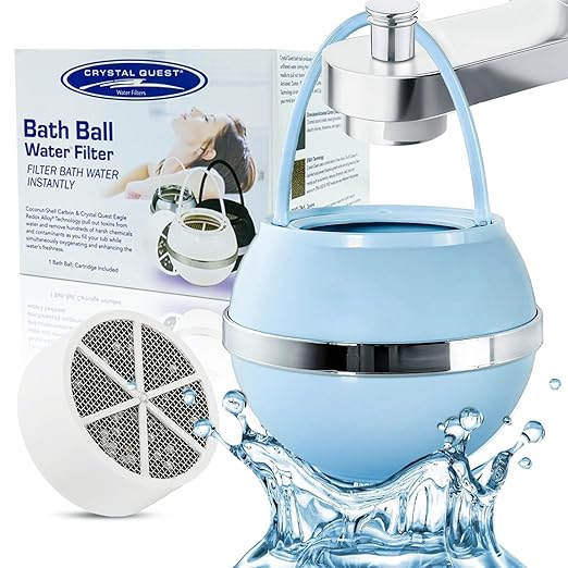 Crystal Quest Bath Ball Water Filter for Bathtub - 3-Stage Filtration, Removes Chlorine, Chloramine & Byproducts, 2,500 Gallons, BPA Free, pH Balanced Water, Fits Most Tubs, Easy Install - Blue