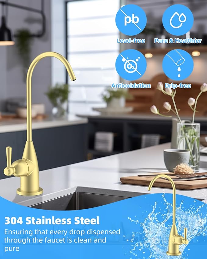 Hibbent Drinking Water Faucet for Bar and Kitchen Sink, Stainless Steel Reverse Osmosis RO Faucet for Under-Sink Filtration System, Brushed Gold Finish