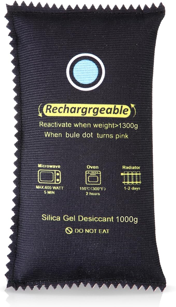 1000g Rechargeable Silica Gel Desiccant Pack of 1, Moisture Absorbers Bag, Discoloration Desiccant Dehumidifier for Dry and Storage Home Closets Gun Safe Cars, Black