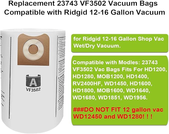 VF6000 Filter for Ridgid Shop Vac 5-20 Gallon Wet Dry Vacuums, 5-Layer HEPA Filter Fits WD5500 WD0671 WD6425 WD7000 (2 Pack VF6000 Filters + 4 Pack VF3502 Bags)