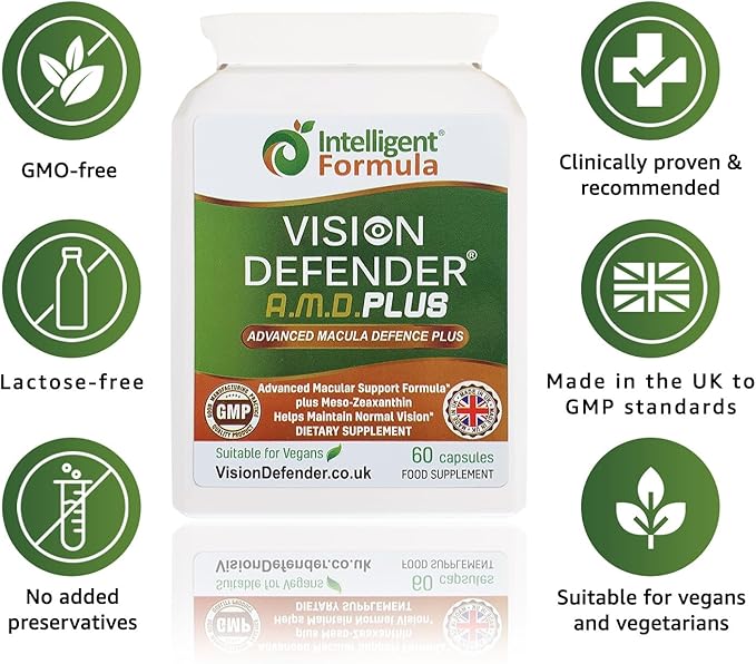 Vision Defender Plus Eye Supplement: AREDS2 Formula Vitamins, Minerals (Lutein, Zinc) Enhanced with Meso-Zeaxanthin for Complete Eyes/Eyesight Health Care & Support. 60 Easy-to-Swallow Vegan Capsules