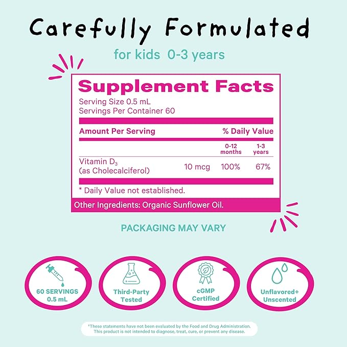 Pink Stork Baby Liquid Vitamin D Drops for Infants, 400 IU Vitamin D3 for Newborns and Kids to Help Support Bone Development and Healthy Immune Function - 1 fl oz, 2 Month Supply