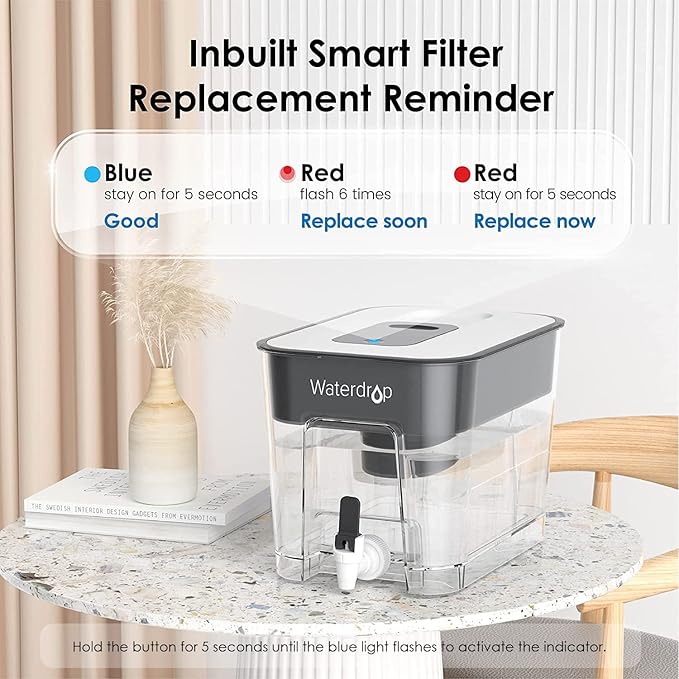 Waterdrop 40-Cup Large Water Filter Dispenser with 1 Filter, 200-Gallon Long-Life, for Home and Office, 5X Times Lifetime, Reduces Chlorine, PFOA/PFOS and More, BPA Free, Black