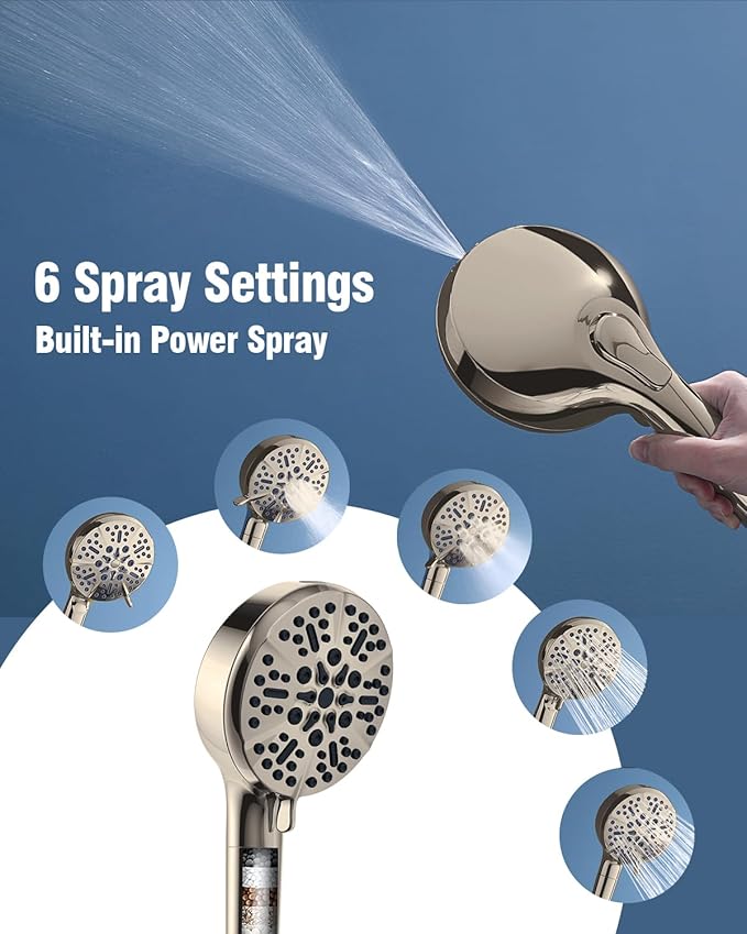 Filtered Shower Head with Handheld Brushed Nickel, BOWGER 6 Modes High Pressure Shower Heads with Power Wash Mode and Hard Water Filter, Detachable Hand Held Showerhead Set with Extra Long Hose