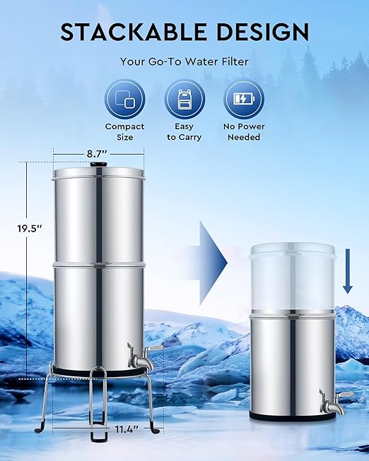 CO-Z Gravity Fed Water Filter System, Stainless Steel Gravity Water Purifier with 2 Carbon Filters, 2.25 Gal Countertop Water Filtration System, Chamber Stand & Water Spigot, NSF/ANSI 42 Certification