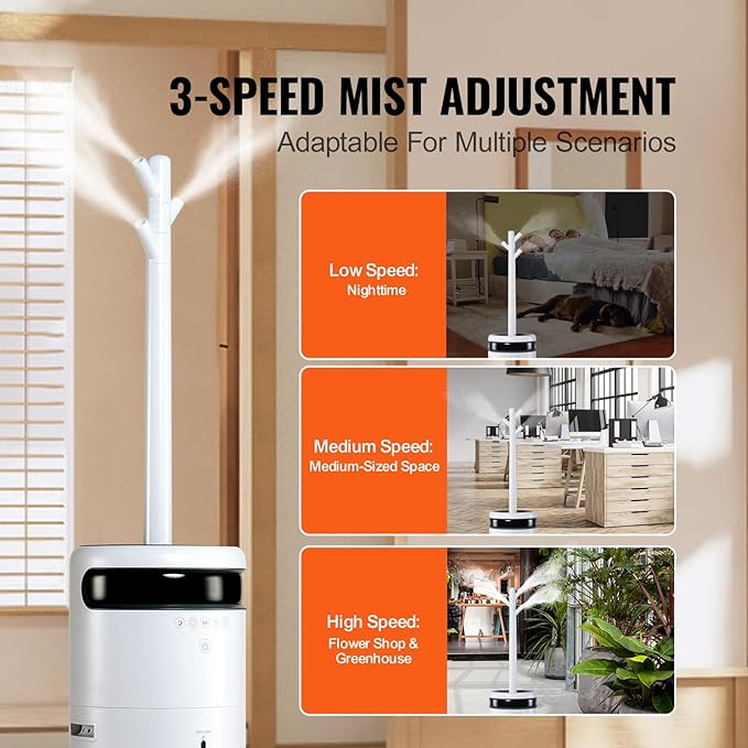 VEVOR Humidifier for Home Large Room, Commercial Humidifier for Whole House 1291.7 sq ft, 16L Water Tank & Night Light & 12h Timer & Auto Shut-Off, Greenhouse, Commercial Branch Tube w/ 360° Nozzle
