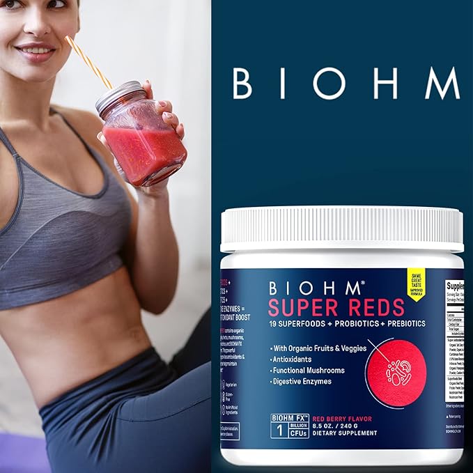 BIOHM Super Reds, Beet Root Powder Antioxidant Beets and Smoothie Mix with Tart Cherry Extract and 19 Red Whole Foods Packed with Prebiotics and Probiotics, Non-GMO, Red Berry Flavor (30 Servings)