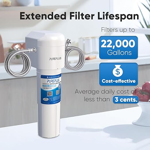 PUREPLUS Under Sink Water Filter, 22000 Gallons, 99.99% Chlorine Reduction, NSF/ANSI 42 Certified,Removes Heavy Metals,Chlorine, Direct Connect Under Counter Water Filtration System